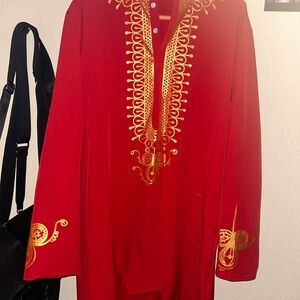 Red Kaftan with Gold Embroidery Dashiki Two Piece Set